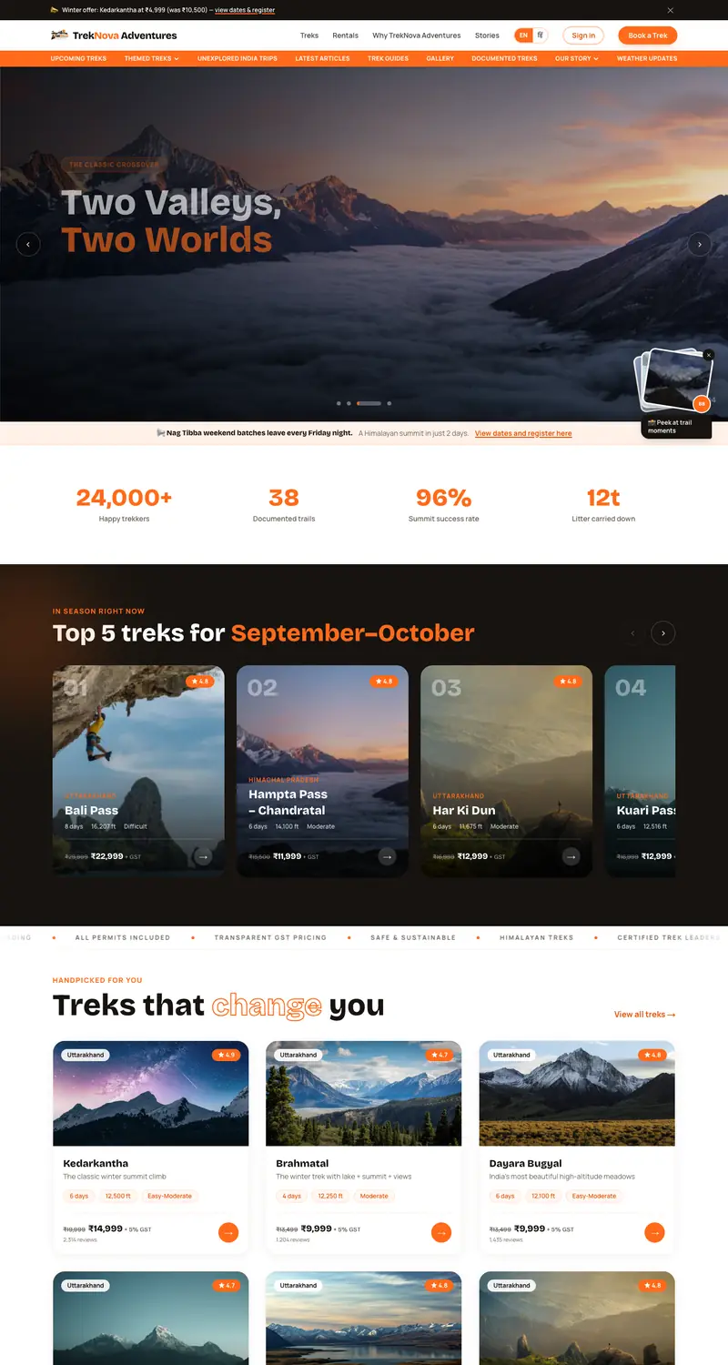 Screenshot of the TrekNova website, built by WavX Solutions